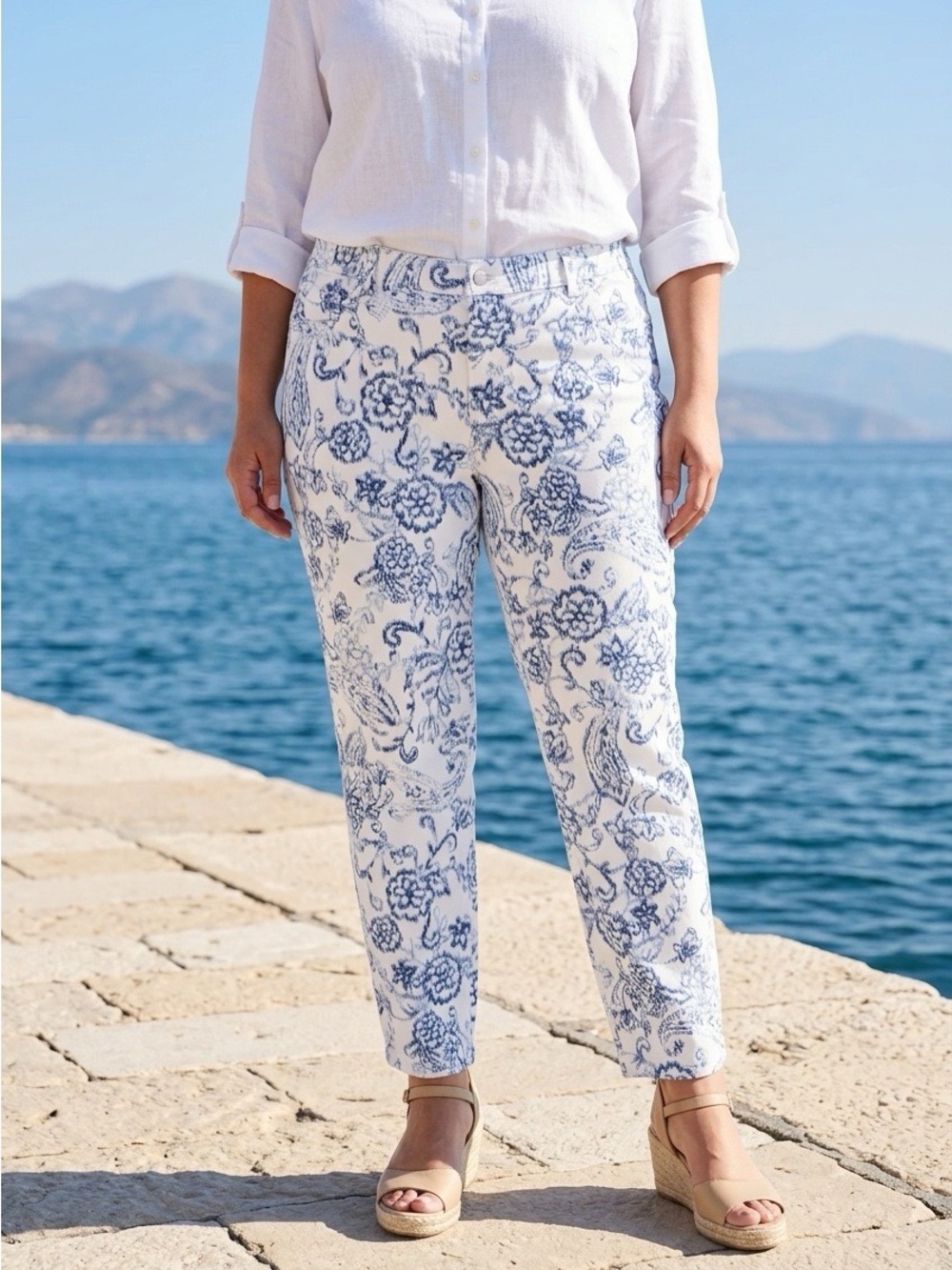 Charter Club White Pants with Blue Floral Print